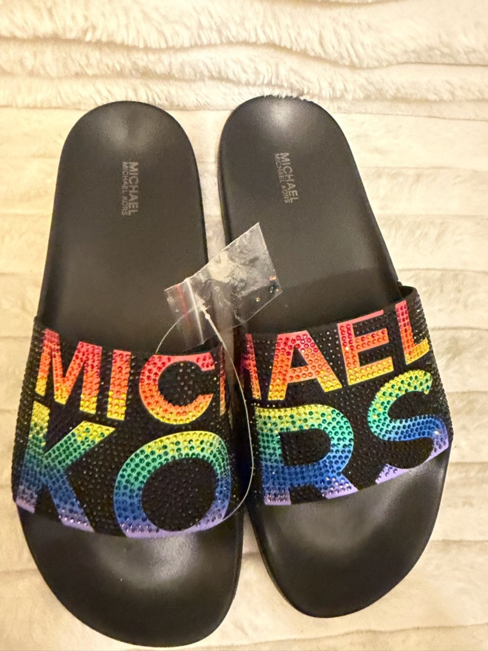 Michael Kors Black Slides with Rainbow Crystal Logo